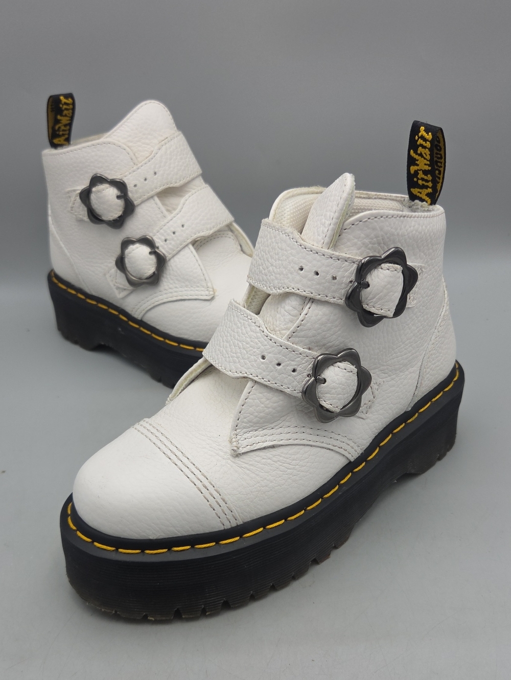 Dr. Martens Devon Flower Leather Platform Boots, Women’s 7 White Doc Marten